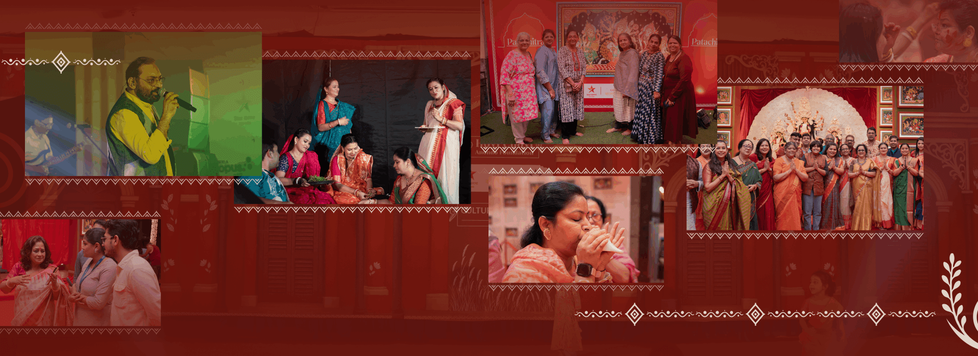Collage of HCAF Durga Puja gallery moments - Patachitra exhibition, cultural evenings, and community gatherings