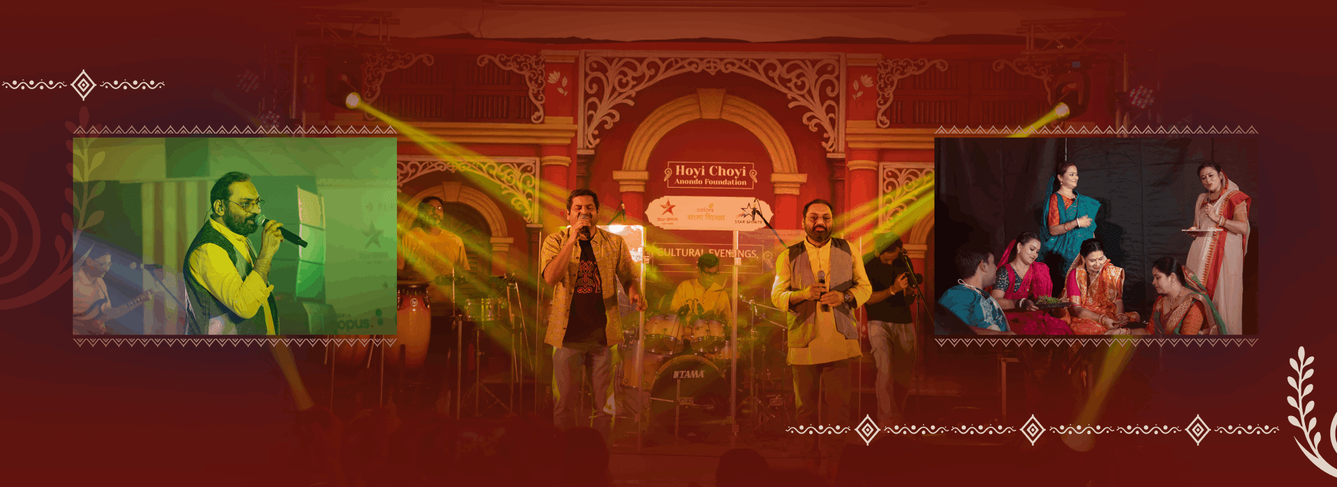 HCAF Durga Puja exhibition corridor with Patachitra art displays and visiting families